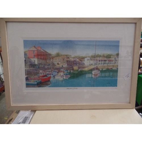 144 - ATTRACTIVE FRAMED PRINT 'TRANQUIL MOORINGS, PADSTOW' SIGNED PICTURE OF BOATS IN THE CORNISH PADSTOW ... 