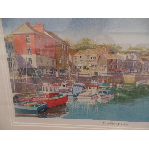 144 - ATTRACTIVE FRAMED PRINT 'TRANQUIL MOORINGS, PADSTOW' SIGNED PICTURE OF BOATS IN THE CORNISH PADSTOW ... 