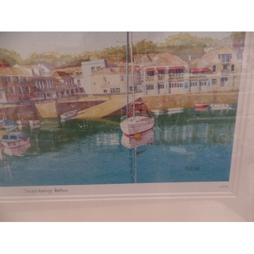 144 - ATTRACTIVE FRAMED PRINT 'TRANQUIL MOORINGS, PADSTOW' SIGNED PICTURE OF BOATS IN THE CORNISH PADSTOW ... 