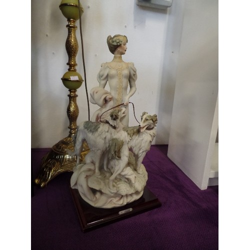 113 - BEAUTIFUL HEAVY 'ONYX' FIGURE OF LADY WITH HOUNDS. ON WOODEN BASE. 'G.ARMANI' - NAPLES MARK