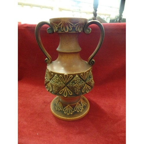 115 - WEST GERMAN CERAMIC. 2-HANDLED POT. HEAVY PATTERN DETAIL. APPROX 30CM H.