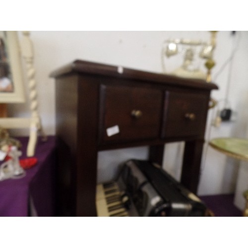 117 - SOLID & CHUNKY 2 DRAWER CONSOLE/SIDE TABLE, WITH LOWER SHELF. DARK WOOD. 65CM W.