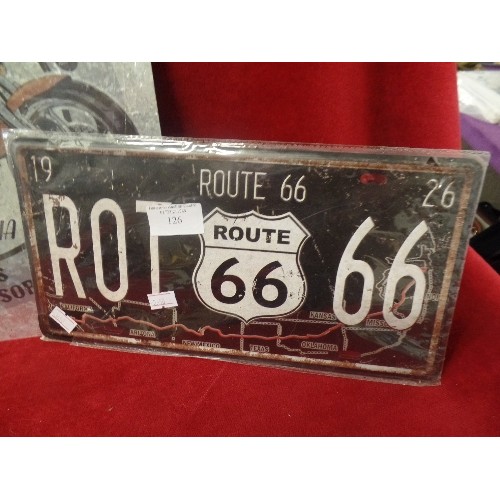 126 - USA MOTORCYCLE/HARLEY INTEREST. 3 METAL SIGNS[NEW/PACKAGED] ROUTE 66 ETC.