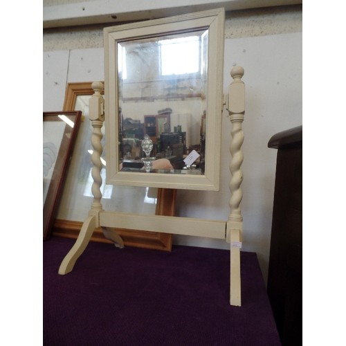 129 - LOVELY VINTAGE DRESSING TABLE 'CHEVAL MIRROR' WITH BARLEY TWIST STAND. PAINTED CREAM.