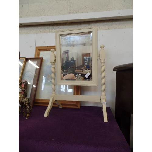 129 - LOVELY VINTAGE DRESSING TABLE 'CHEVAL MIRROR' WITH BARLEY TWIST STAND. PAINTED CREAM.