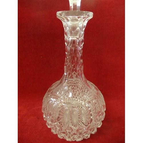 137 - GOOD QUALITY CUT-GLASS/FACETED DECANTER, WITH STOPPER.