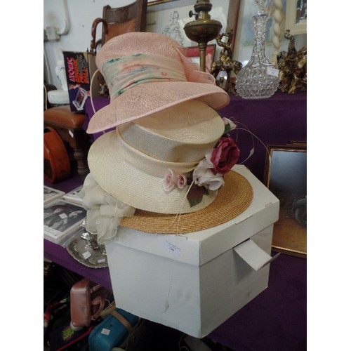 138 - 3 LOVELY 'WEDDING' HATS , A CREAM STRAW WITH MATCHING HANDBAG [BOTH DECORATED WITH FAUX FLOWERS] A P... 