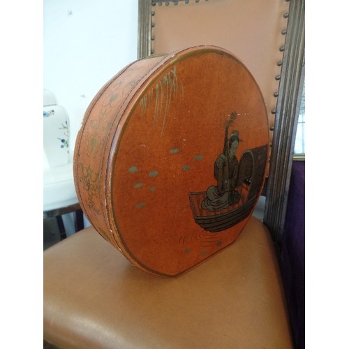 156 - VINTAGE ORIENTAL DRUM SHAPED CONTAINER. LEATHER? COVERED WOOD. RECTANGULAR HOLE IN TOP, IDEAL FOR DR... 