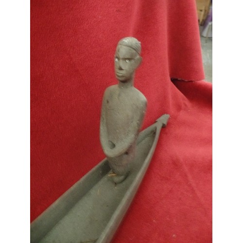 155 - VINTAGE CRUDELY CARVED AFRICAN 3 MEN IN A WOODEN BOAT. APPROX 76CM L