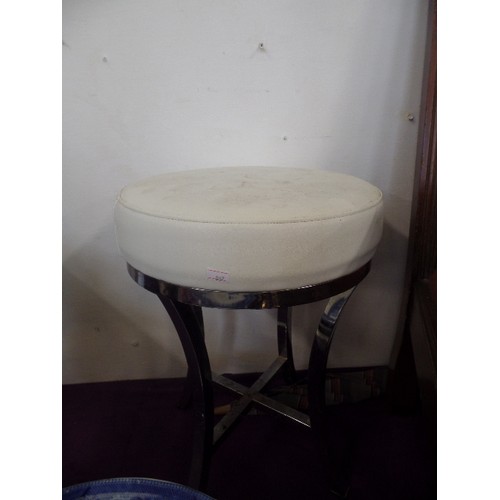 153 - RETRO CHROME STOOL. CIRCULAR, WITH IVORY FAUX LEATHER PADDED SEAT.