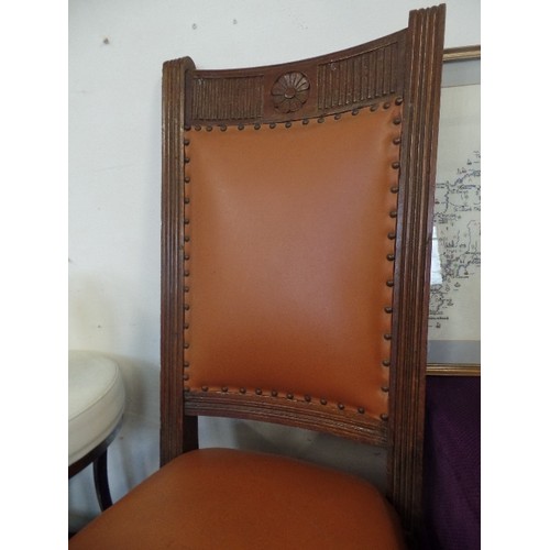 151 - UNUSUAL DESIGN VINTAGE OAK-FRAMED CHAIR, WITH FAUX LEATHER CARAMEL PADDED SEAT & BACK.