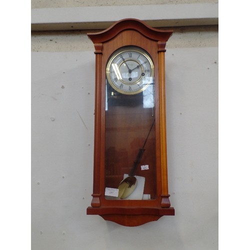 187 - WOODEN CASED PENDULUM CLOCK, WITH ROMAN NUMERALS.