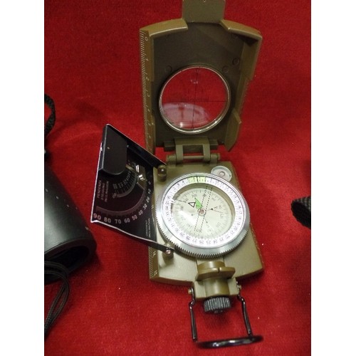 195 - SEHFELD BINOCULARS 99990-9880. 8M AUF. MIL-TEC ITALIAN METAL COMPASS[BOXED]. TOGETHER WITH 2 X FIELD... 