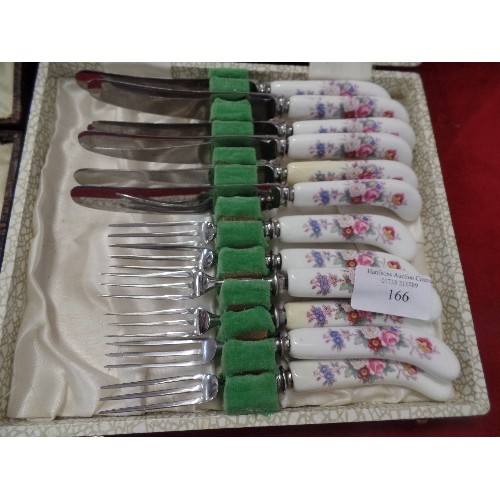 166 - 3 SETS OF VINTAGE CUTLERY, IN ORIGINAL BOXES. TEASPOONS, DESSERT FORK/KNIVES[WITH CERAMIC HANDLES] A... 