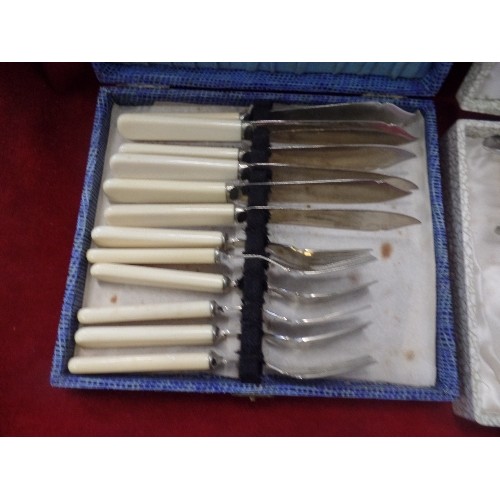 166 - 3 SETS OF VINTAGE CUTLERY, IN ORIGINAL BOXES. TEASPOONS, DESSERT FORK/KNIVES[WITH CERAMIC HANDLES] A... 