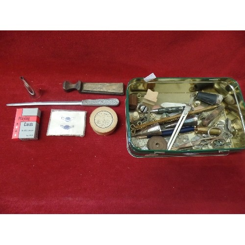 101 - TIN OF VINTAGE ODDS & ENDS. INC PEN KNIFE, PROPELLING PENCIL, TINY CARDBOARD BOOTS PILL BOX, HOOKS, ... 