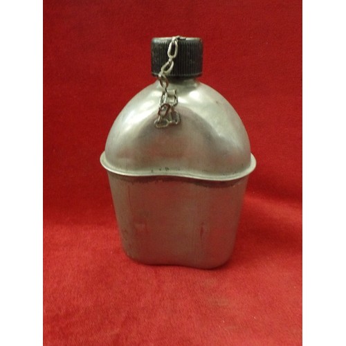 161 - ALUMINIUM MILITARY WATER FLASK. CHAINED LID.