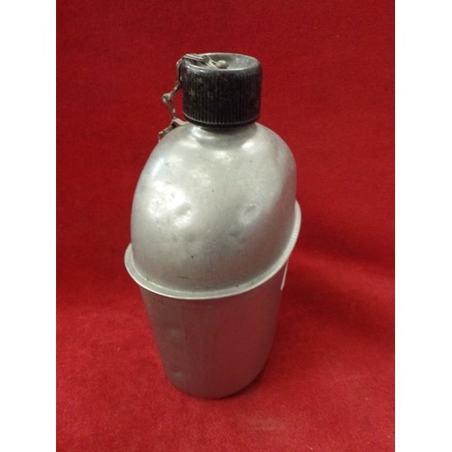 161 - ALUMINIUM MILITARY WATER FLASK. CHAINED LID.