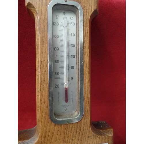 224 - VINTAGE DECO STYLE BAROMETER WITH THERMOMETER. GOOD OAK SURROUND.