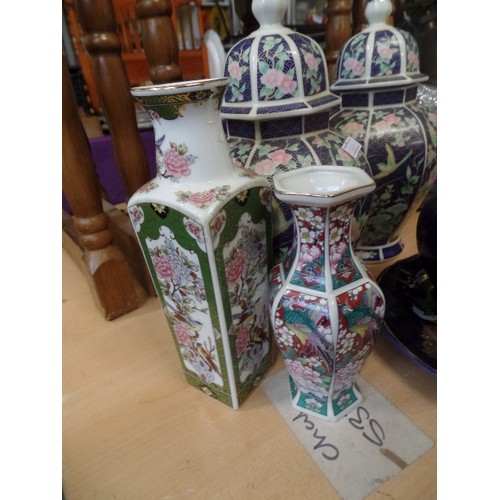 282 - 2 LIDDED CHINESE GINGER JARS, 3 VASES, A PLATE AND A HEAVY ASH TRAY.