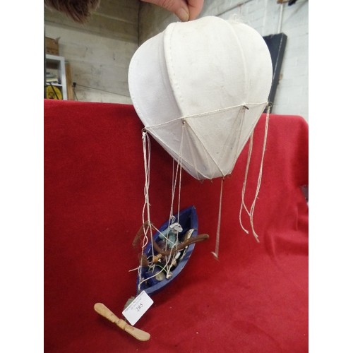 285 - UNUSUAL HAND-MADE VINTAGE FABRIC HOT AIR BALLOON, ATTACHED TO LITTLE WOODEN FISHING BOAT, 7 MAN WITH... 