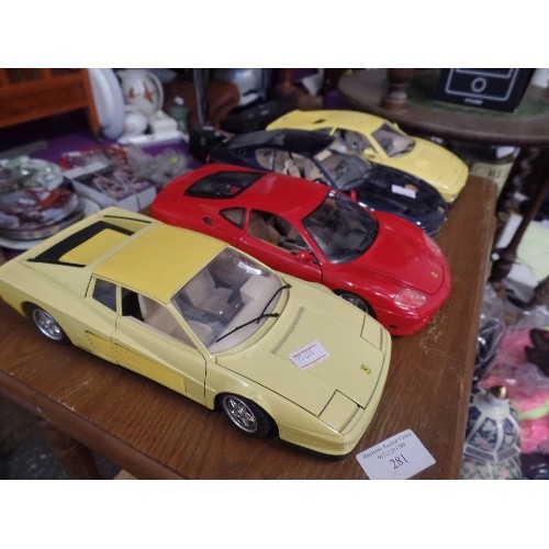 288 - 4 X LARGE BURAGO FERRARI SUPER CAR SCALE MODEL CARS. FERRARI 348, 456GT, 360 MODENA, TESTAROSSA.