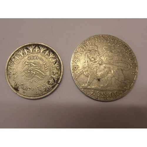 44 - 2 SILVER COINS A 1939 EGYPTIAN 10 PIASTERS, KING FAROUK .833 SILVER WEIGHT 14 GR.    
AN ETHIOPIAN S... 