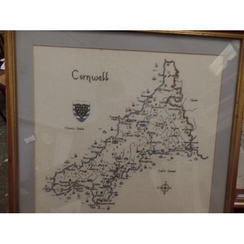 135 - 3 X FRAMED CROSS-STITCH/EMBROIDERED PICTURES. INC A MAP OF CORNWALL.