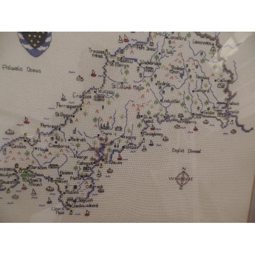 135 - 3 X FRAMED CROSS-STITCH/EMBROIDERED PICTURES. INC A MAP OF CORNWALL.