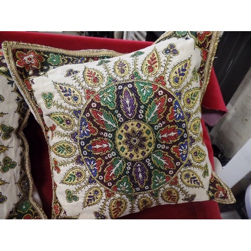 247 - 2 'INDIAN' EMBROIDERED CUSHIONS WITH GOLD THREAD.  ALSO A SMALLER CUSHION.