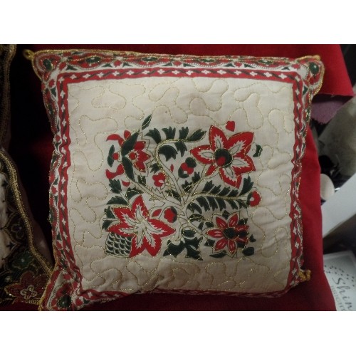 247 - 2 'INDIAN' EMBROIDERED CUSHIONS WITH GOLD THREAD.  ALSO A SMALLER CUSHION.