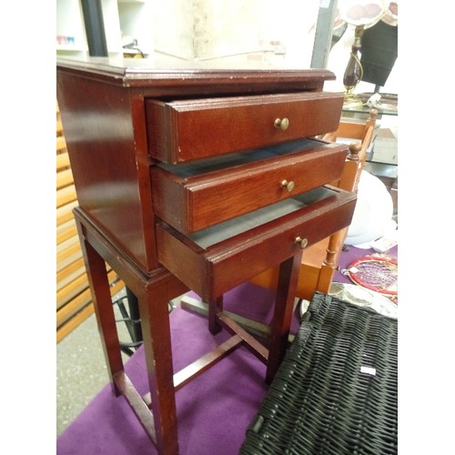 255 - SMALL 3 DRAWER CHEST ON TALL LEGS. 66CM.H. DRAWERS ARE 'VELVET' LINED, FOR JEWELLERY/TRINKETS?