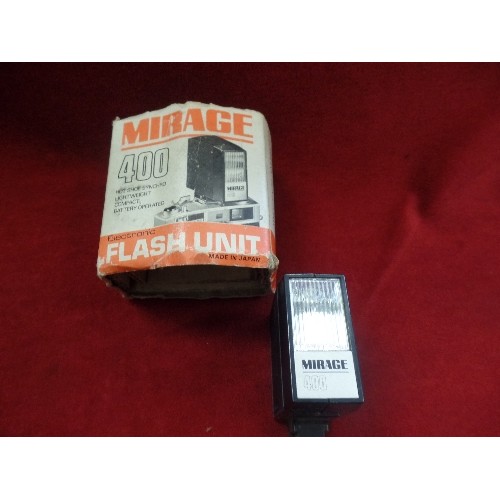 265 - VINTAGE AGFA BOX CAMERA. 6X9 ON 120. TOGETHER WITH MIRAGE 400 HOT SHOE SYNCRO FLASH UNIT.