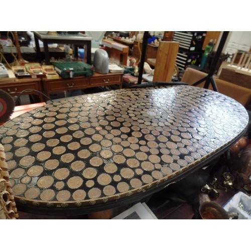 305 - UNUSUAL OVAL COFFEE TABLE, TOPPED WITH COPPER- 1 CROWN/ THREEPENNY BITS/ I/2P/ 2P/1P COINS SET IN RE... 