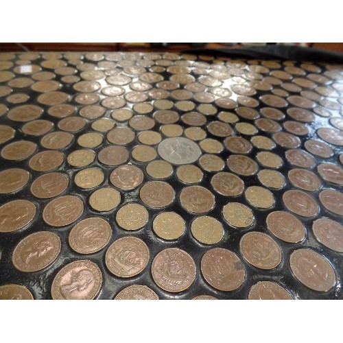 305 - UNUSUAL OVAL COFFEE TABLE, TOPPED WITH COPPER- 1 CROWN/ THREEPENNY BITS/ I/2P/ 2P/1P COINS SET IN RE... 