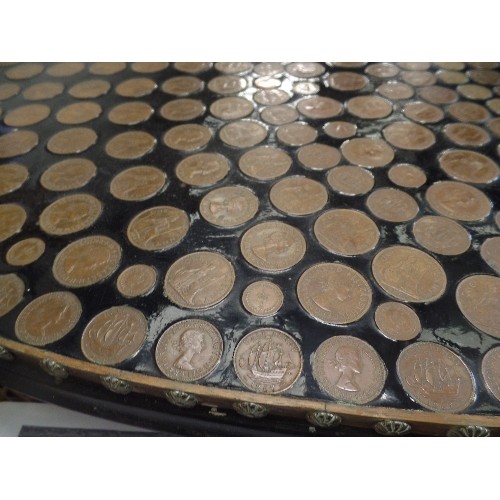 305 - UNUSUAL OVAL COFFEE TABLE, TOPPED WITH COPPER- 1 CROWN/ THREEPENNY BITS/ I/2P/ 2P/1P COINS SET IN RE... 