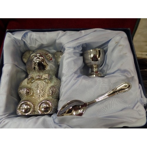 312 - 'CHRISTENING' SET, COMPRISING SILVER-PLATED TEDDY-BEAR MONEY BOX AND EGG-CUP/SPOON[ORIGINAL BOX-NO L... 