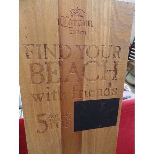 317 - 'CORONA EXTRA' BRANDED GALVANISED BUCKET, ON WOODEN SALES STAND-WITH SLOGAN 'FIND YOUR BEACH WITH FR... 