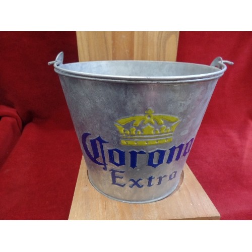 317 - 'CORONA EXTRA' BRANDED GALVANISED BUCKET, ON WOODEN SALES STAND-WITH SLOGAN 'FIND YOUR BEACH WITH FR... 