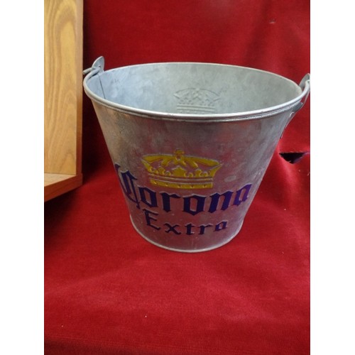 317 - 'CORONA EXTRA' BRANDED GALVANISED BUCKET, ON WOODEN SALES STAND-WITH SLOGAN 'FIND YOUR BEACH WITH FR... 