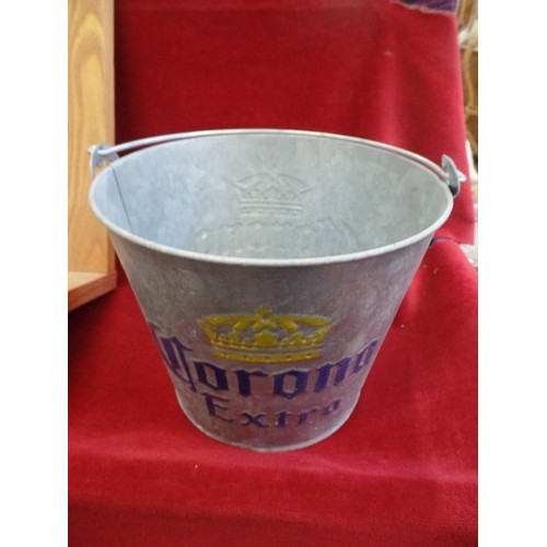 317 - 'CORONA EXTRA' BRANDED GALVANISED BUCKET, ON WOODEN SALES STAND-WITH SLOGAN 'FIND YOUR BEACH WITH FR... 