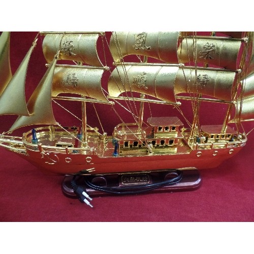 326 - 2 DECORATIVE CHINESE GALLEONS/SAILING SHIPS. ONE IS GOLD & BLINGY!! THE OTHER IS 'ANTIQUED'. BOTH ON... 