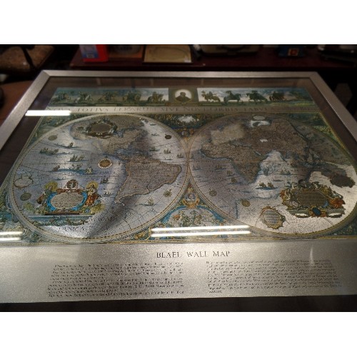 352 - UNUSUAL COFFEE TABLE,WITH A LARGE FOIL 'BLAEU WALL MAP' UNDER GLASS AS THE TABLE TOP.  APPROX 61CM L... 