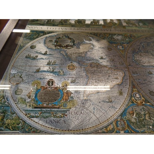 352 - UNUSUAL COFFEE TABLE,WITH A LARGE FOIL 'BLAEU WALL MAP' UNDER GLASS AS THE TABLE TOP.  APPROX 61CM L... 