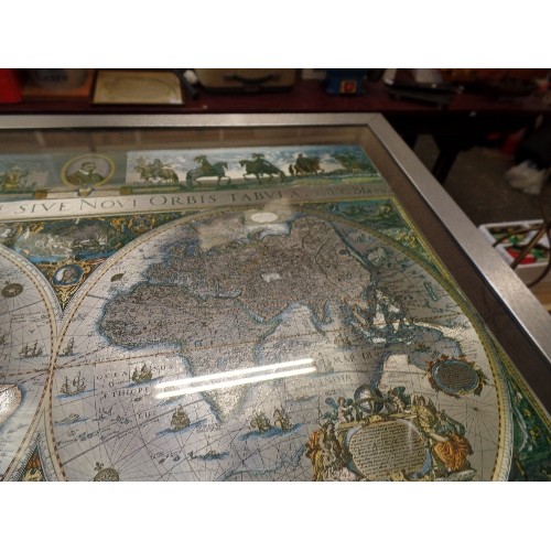 352 - UNUSUAL COFFEE TABLE,WITH A LARGE FOIL 'BLAEU WALL MAP' UNDER GLASS AS THE TABLE TOP.  APPROX 61CM L... 