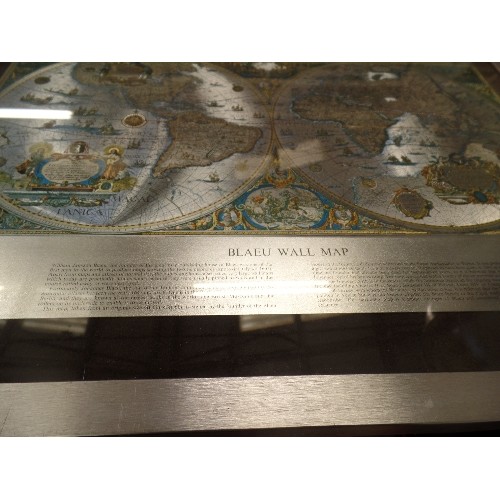 352 - UNUSUAL COFFEE TABLE,WITH A LARGE FOIL 'BLAEU WALL MAP' UNDER GLASS AS THE TABLE TOP.  APPROX 61CM L... 