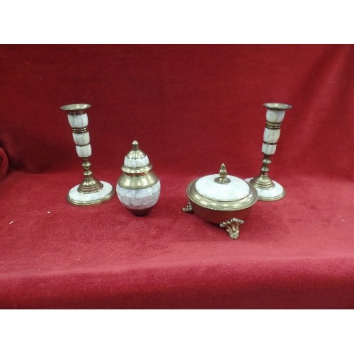 359 - VINTAGE MOTHER OF PEARL/BRASS DECORATIVE SET. INDIAN. INC CANDLESTICK PAIR, 2 X  LIDDED POTS.