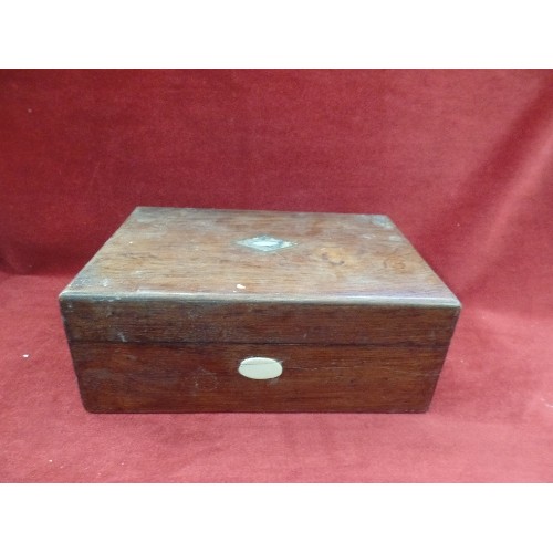 361 - VICTORIAN WOODEN WORK BOX, WITH PAUA-SHELL INLAID DETAIL ON HINGED LID. 26CM.W.