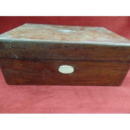 361 - VICTORIAN WOODEN WORK BOX, WITH PAUA-SHELL INLAID DETAIL ON HINGED LID. 26CM.W.