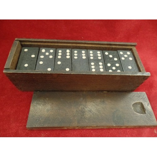 362 - VINTAGE DOMINOES IN HANDMADE WOODEN BOX/SLIDE LID. ANOTHER FEW CONTAINED IN A COMMEMORATIVE QEII CUP... 